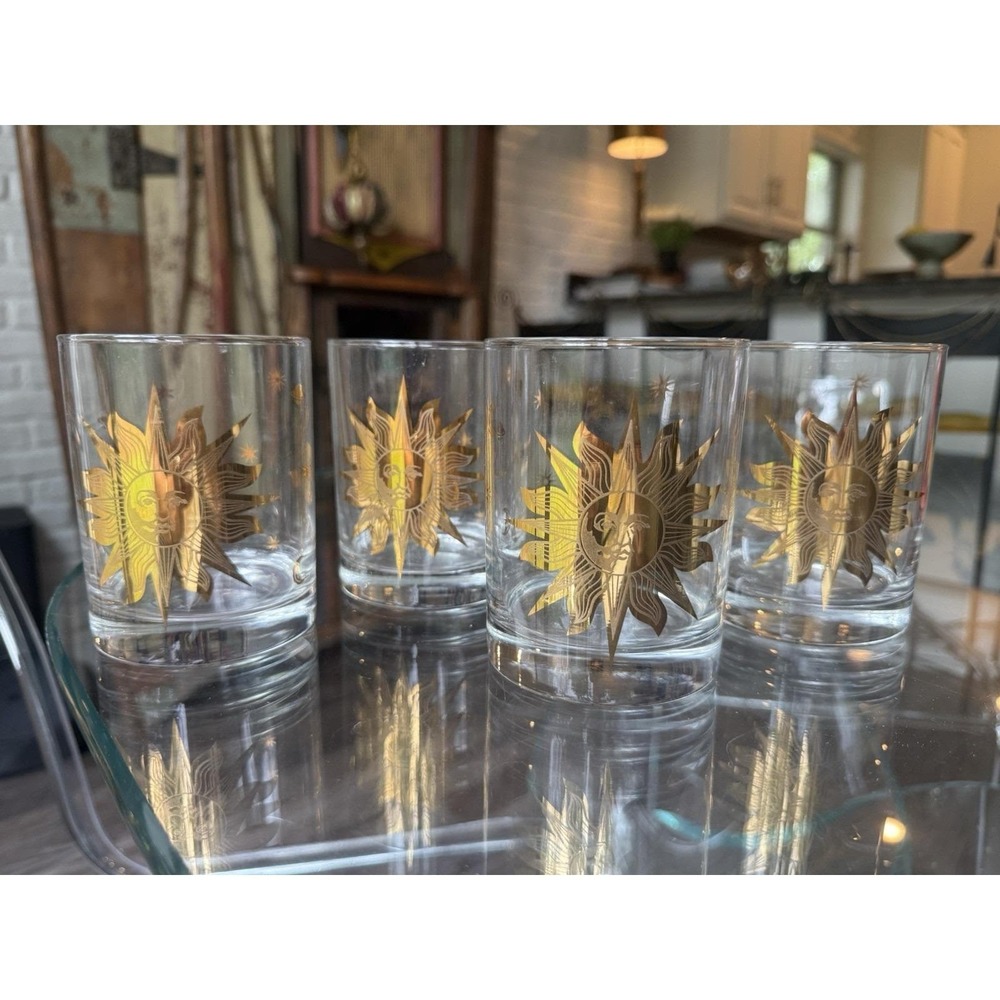 Vintage Culver Celestial Gold Sun Moon Stars Rocks Glasses Set of 4 MCM